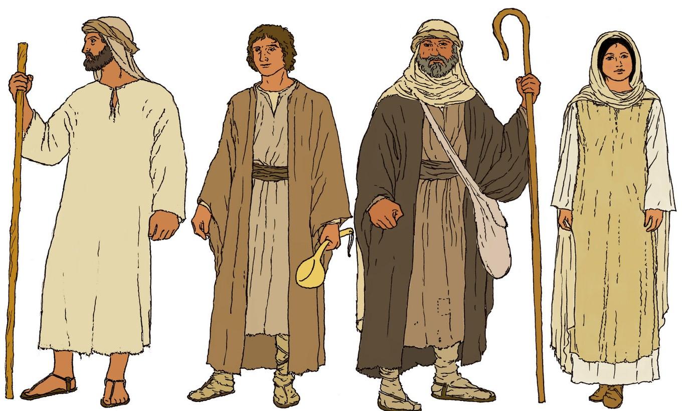 上图:古代以色列人外衣的想象图。作为「当头」的「衣服」(申二十四13)原文是?「???????? salmah」,可能是一种比较重的外袍或披肩,用一大块粗糙的长方形羊毛或亚麻布料缝合在一起,前面没有缝合,手臂的位置有两个开口。这件外袍白天可以防雨和御寒,晚上可以当被子,还可以用来包东西(出十二34;王下四39)。而「衣裳」(申二十四17)原文是?「?????? beged」,泛指衣服。由于?以色列人?从来不用绘画、雕刻或浮雕来夸耀自己,所以除了?圣经?之外,很少有?服装的图像史料。现代人只能根据埃及壁画和?亚述浮雕中的一些线索,以及中东其他国家的服装来推测古代以色列人的服装。?